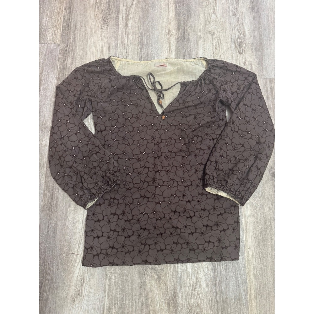 Samantha Treacy Brown Floral Eyelet Long Sleeve Blouse Top Size 4